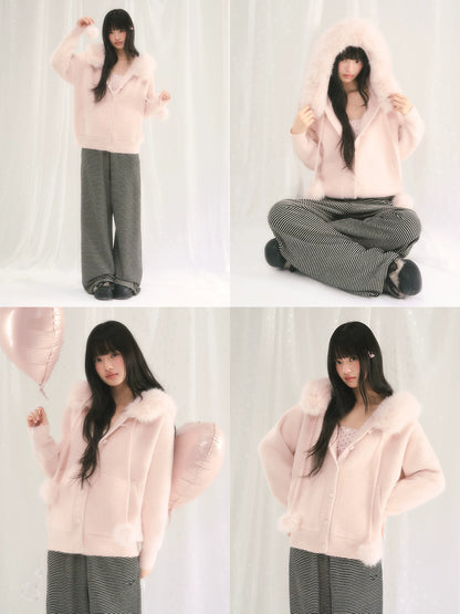 Fur Collar Hooded Knit Cardigan