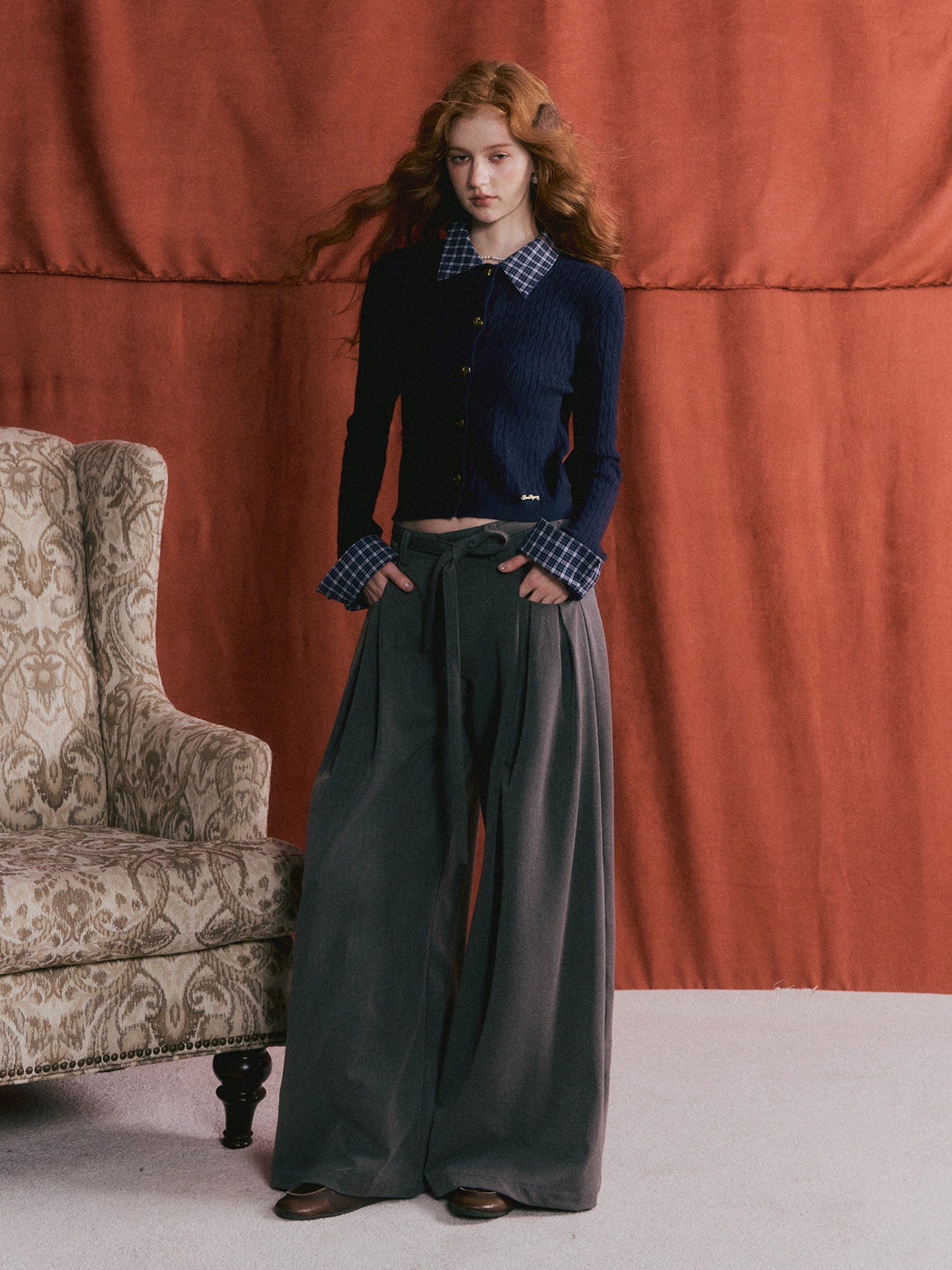 Pleated Tie Wide-Leg Pants