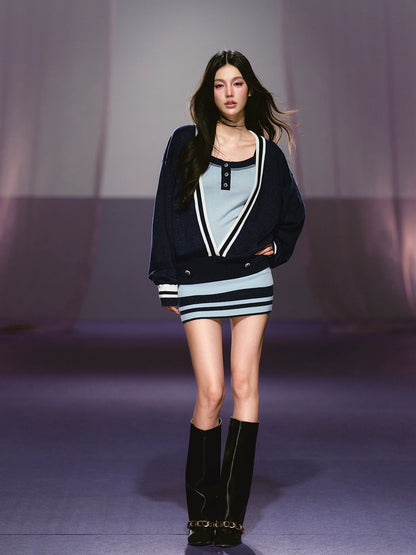 Blue V-Neck Knit Cardigan &amp; Dress Set