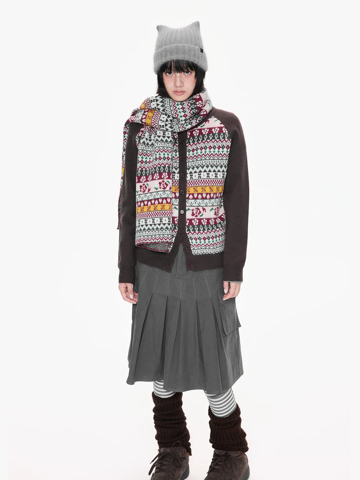 Contrast Folk Print Cardigan Set