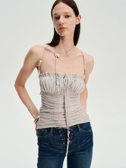 Beaded Strap Lace Splicing Acetate Cami Top