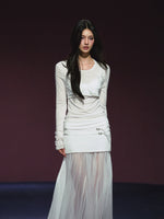 Lyocell Fake Two-piece Sheer Blouse & Skirt Set
