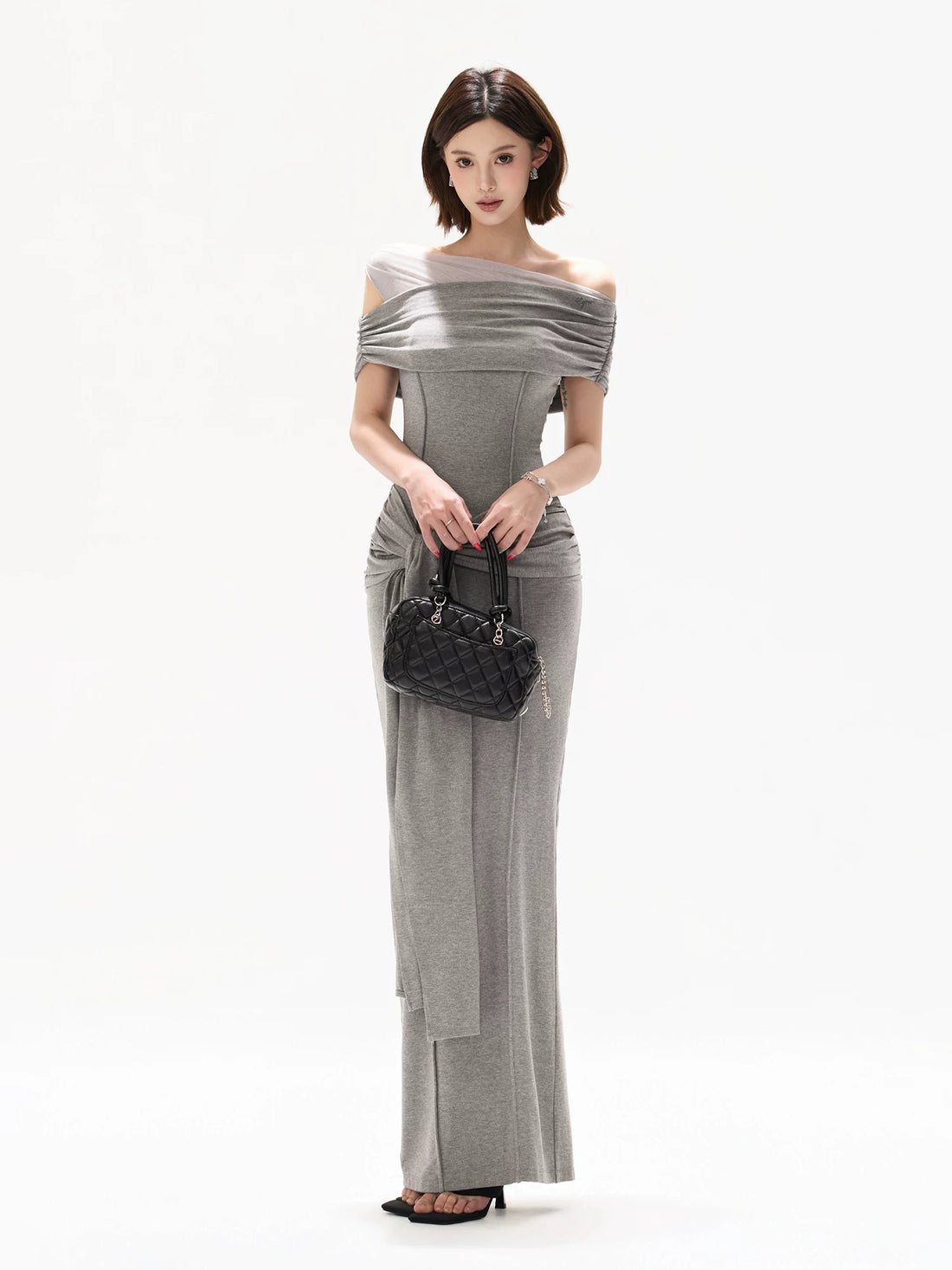 Gray Off-Shoulder Drape Dress