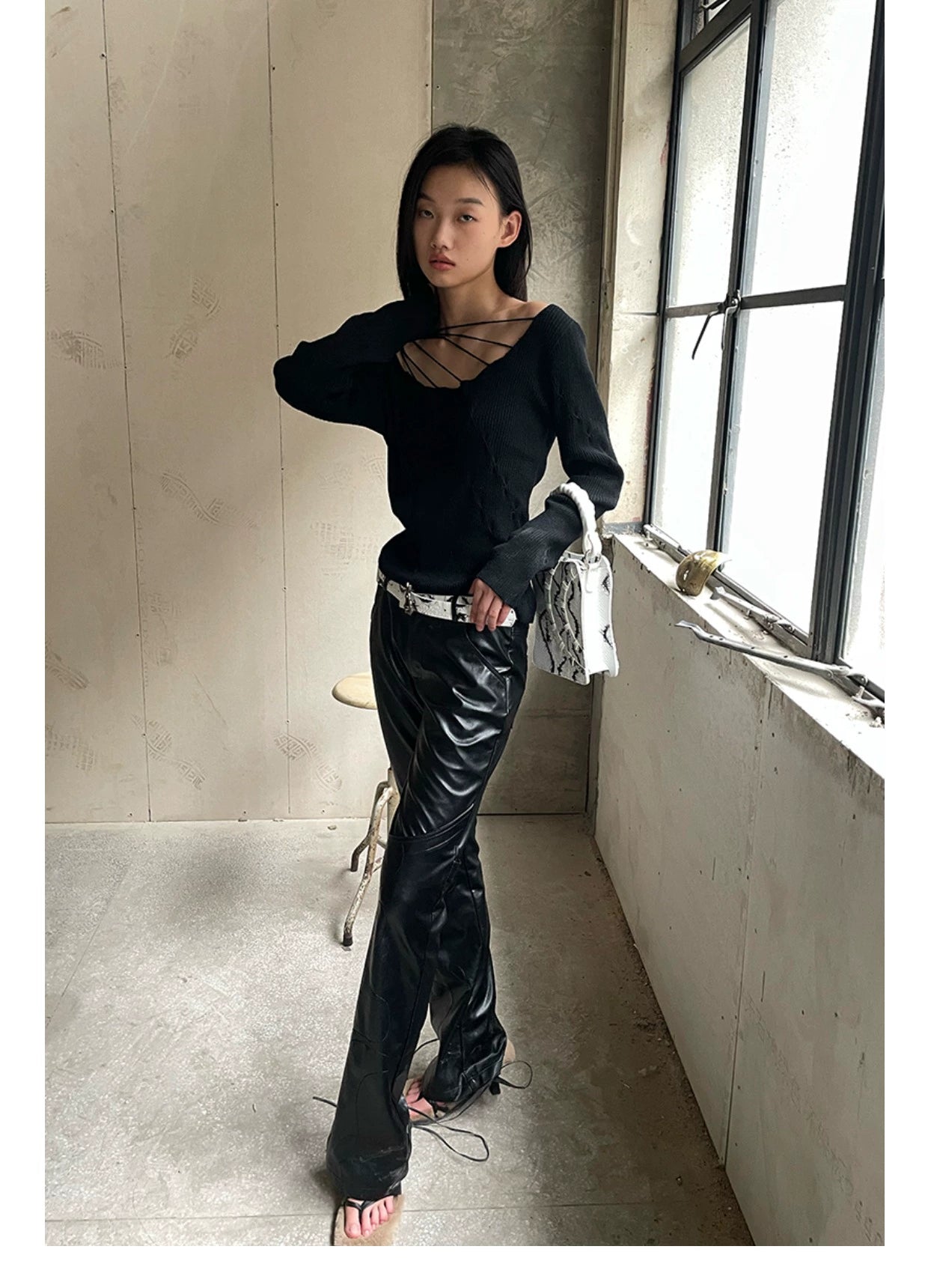 Black &amp; Burgundy Embroidered PU Pants