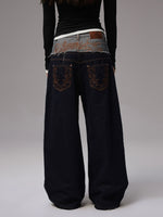 Double Waistband Raw Denim Wide-Leg Jeans