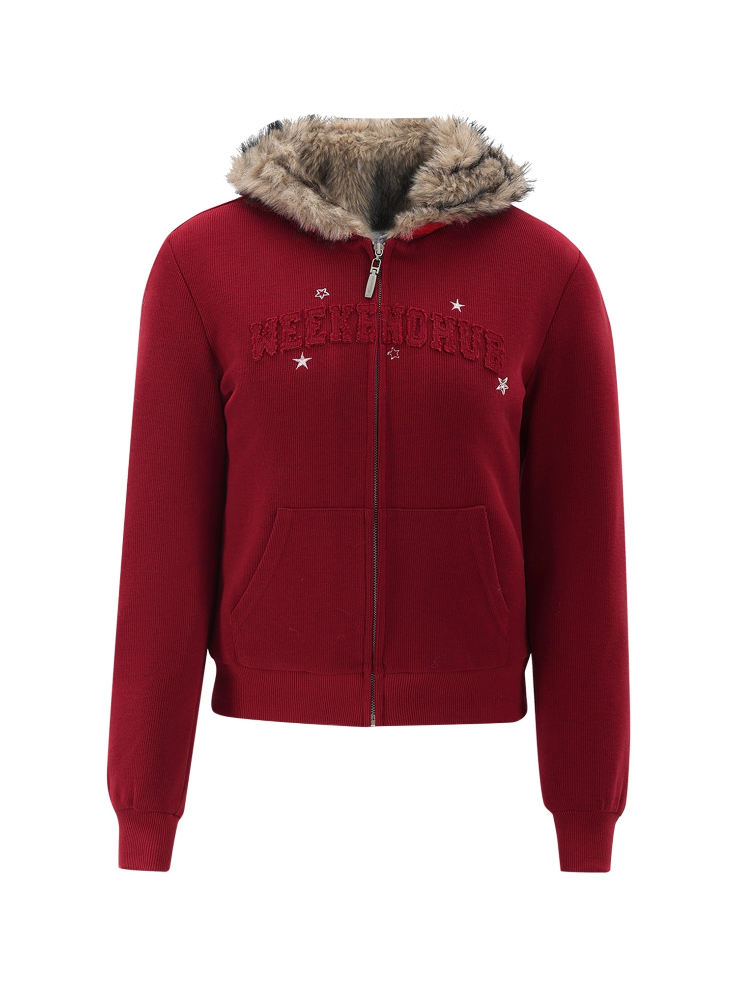 Red Fur Trim Hooded Fitted Cardigan