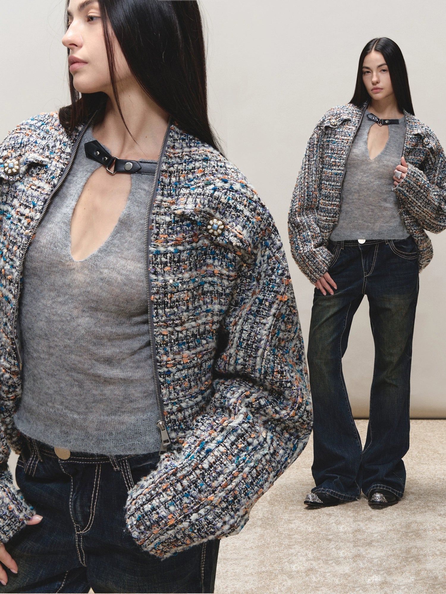 Wool Cutout Buttoned Slim Knit Top