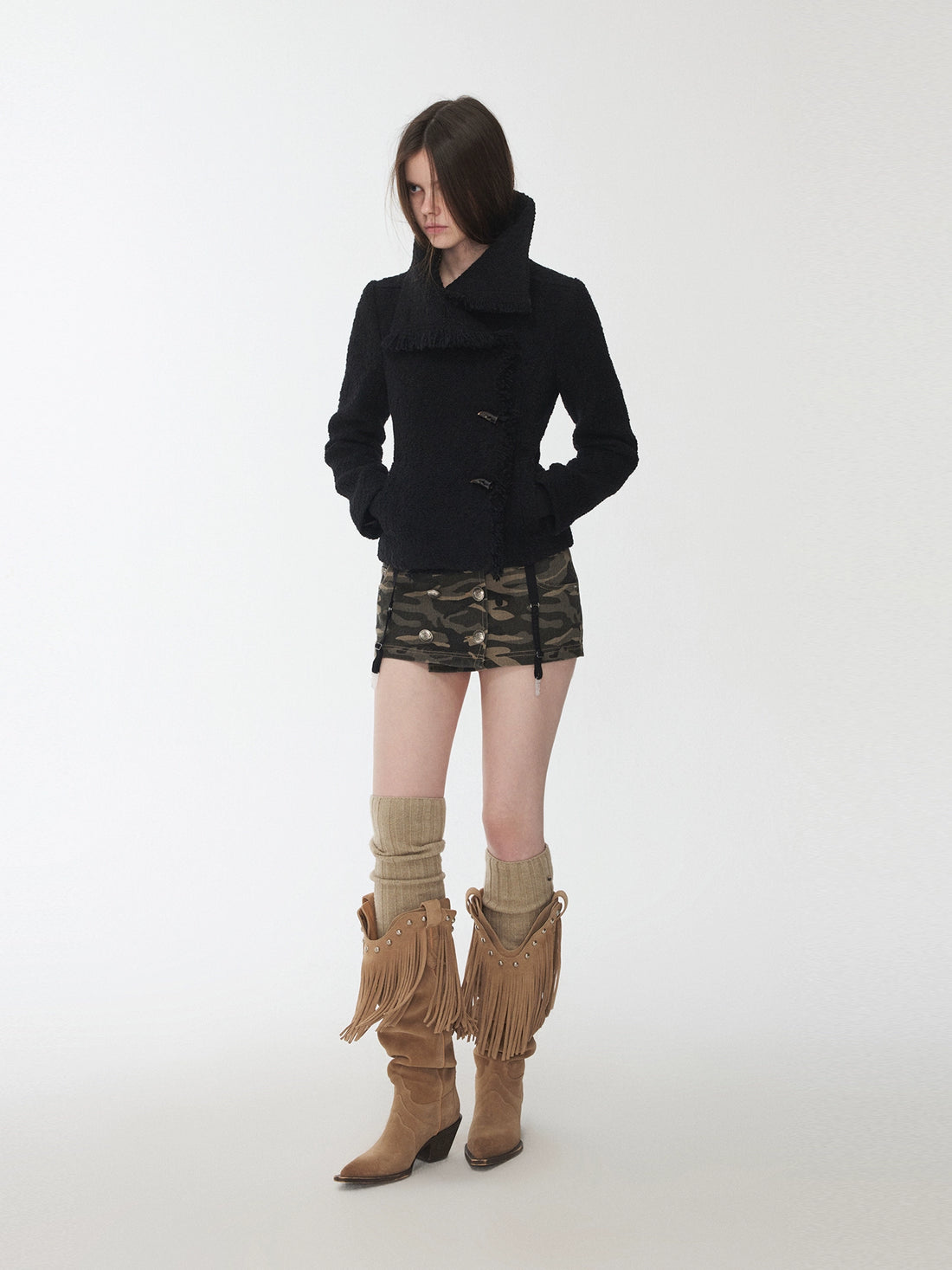 Wool Blend Short Jacket with Horn Buttons