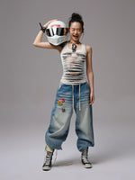 Irregular Hole-Ripped Double-Layer Halter Neck Tank Top