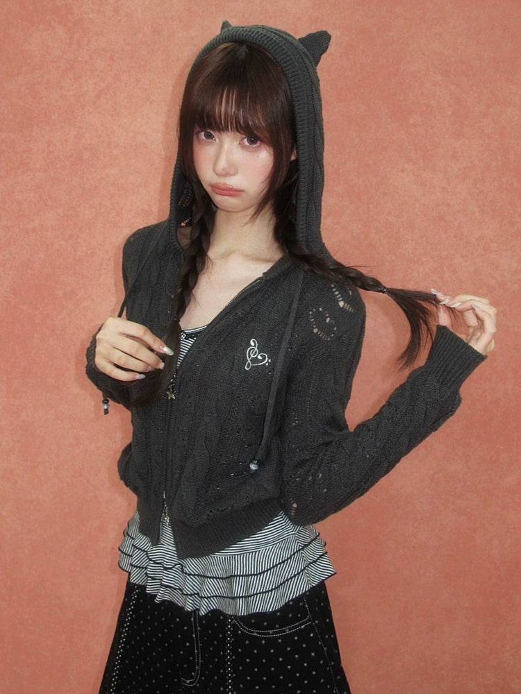 Cat-Ear Cable Knit Hoodie
