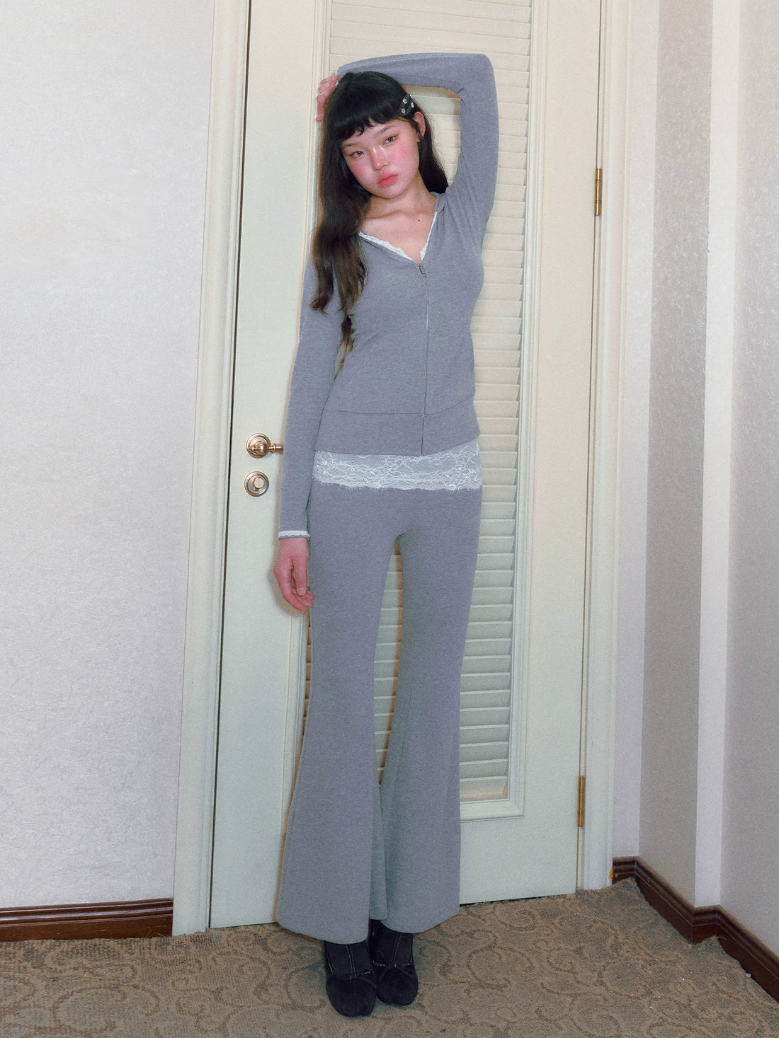 Gray Lace Panel Flared Pants