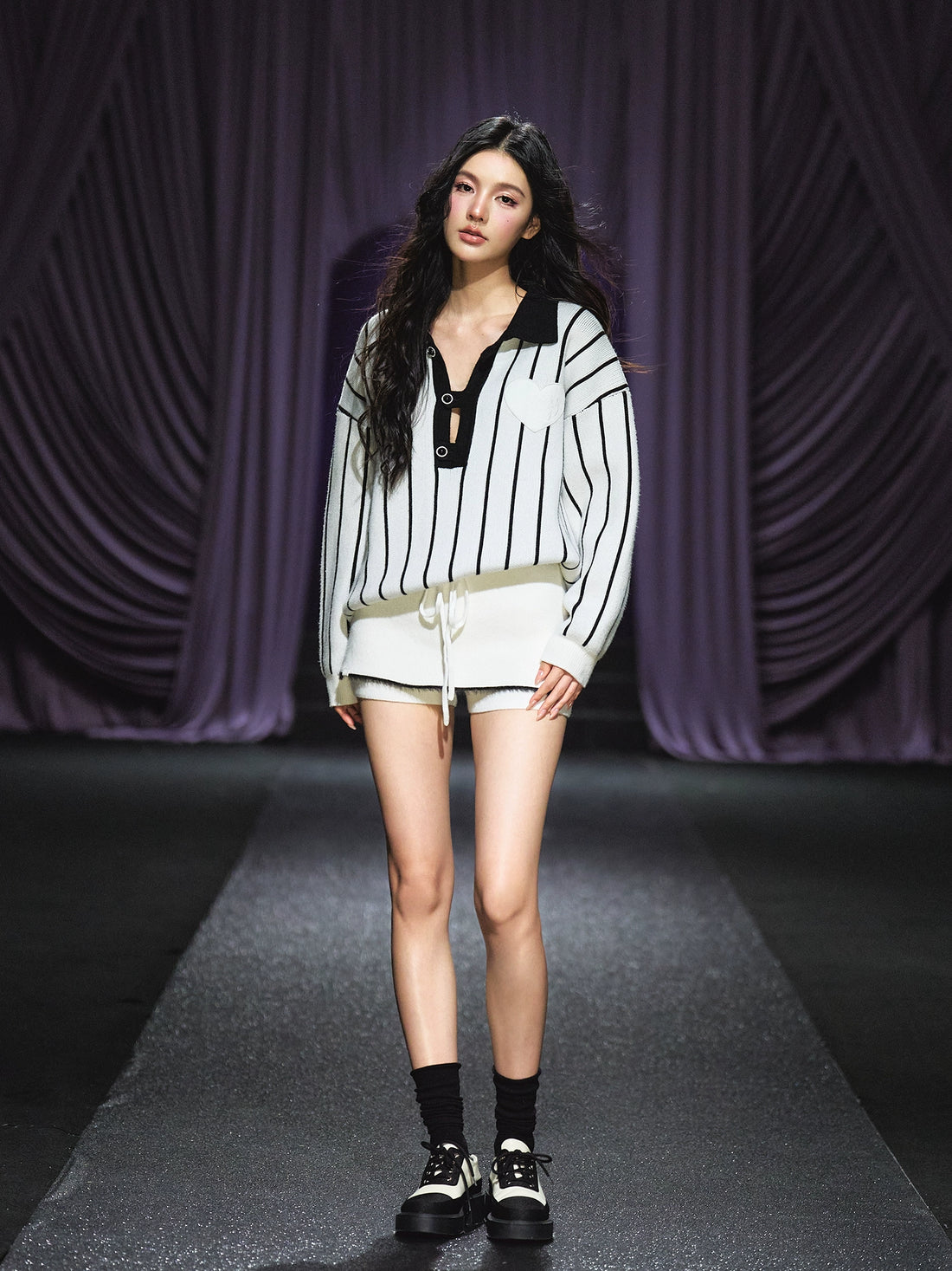 Striped Knit Polo T-Shirt & Contrast Trim Skort Set