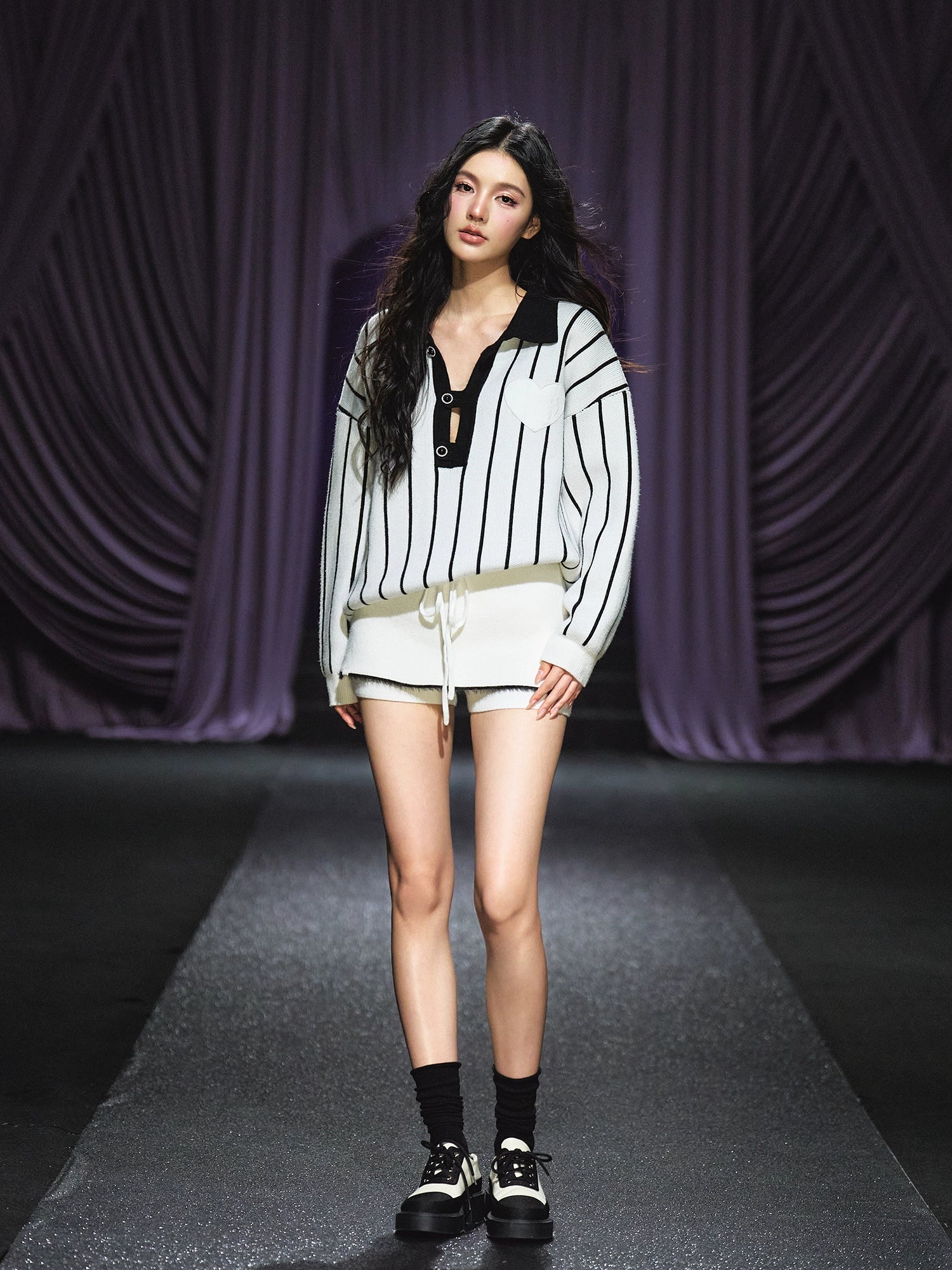 Striped Knit Polo T-Shirt &amp; Contrast Trim Skort Set