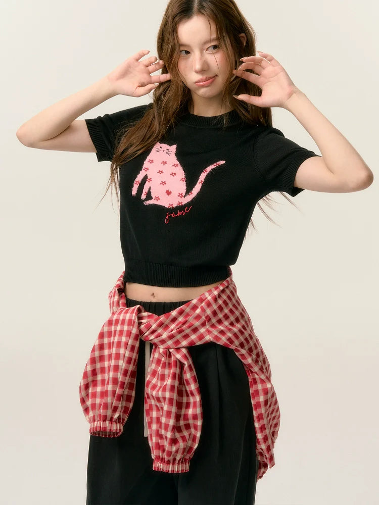 Cat Print Short Sleeve Knit Top