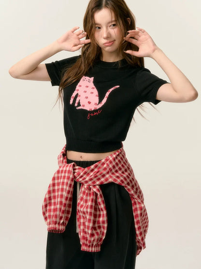 Cat Print Short Sleeve Knit Top