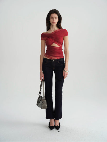 Two-Tone Mesh Lace Cross-Front Blouse