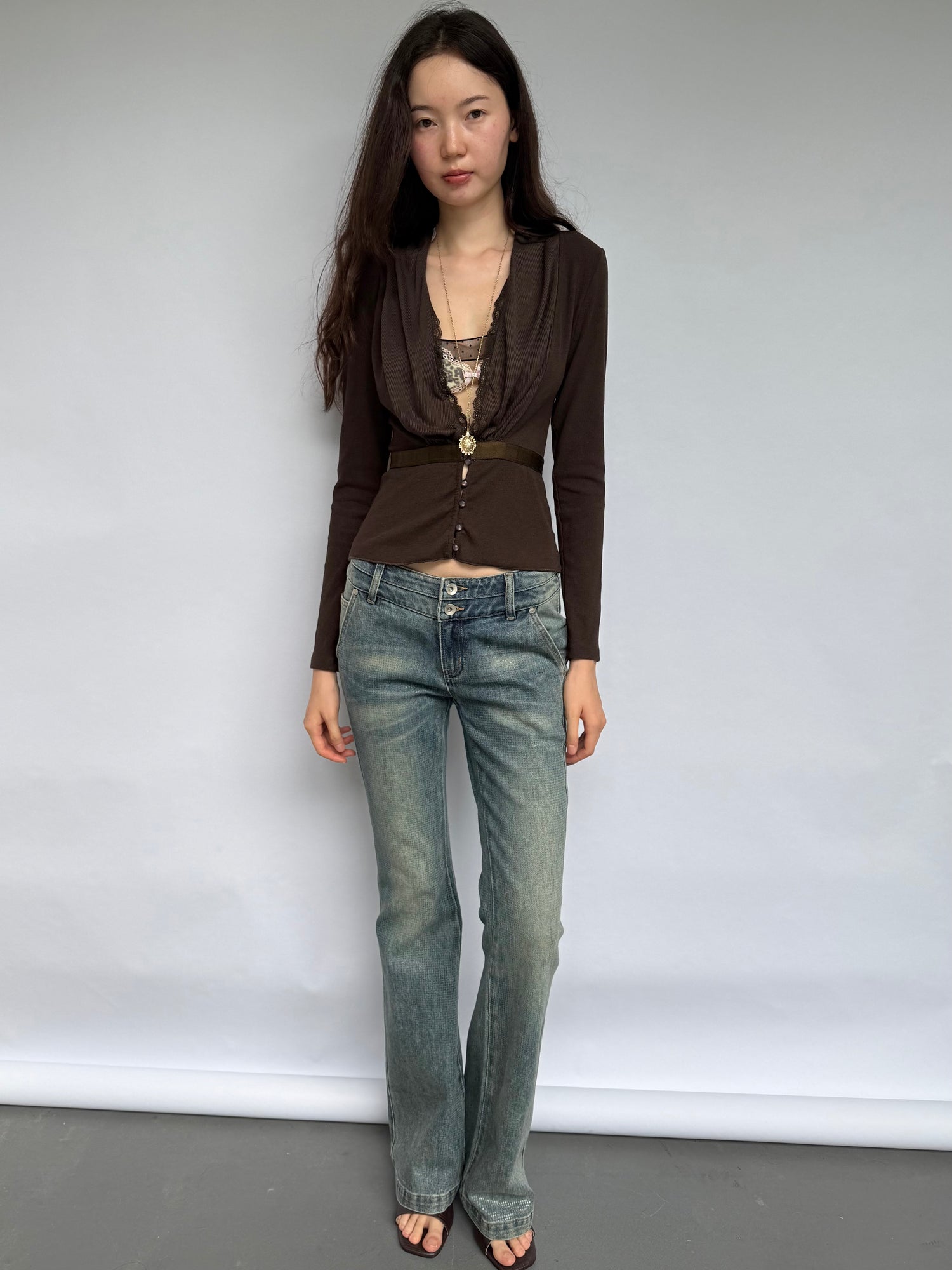 Brown Ruched V-Neck Top