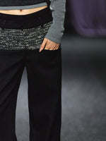 Contrast Waistband Tweed-Panel Straight Pants