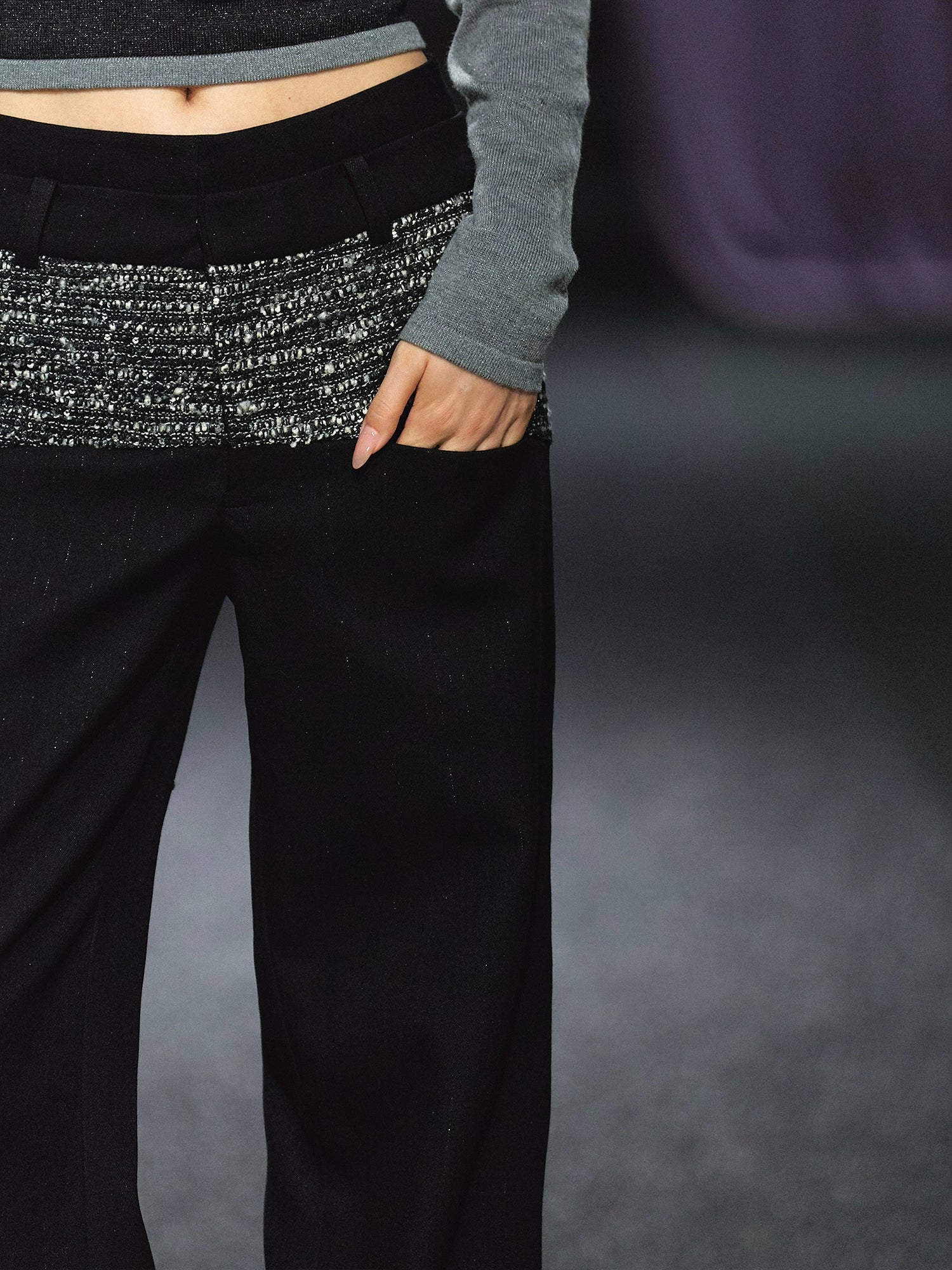 Contrast Waistband Tweed-Panel Straight Pants