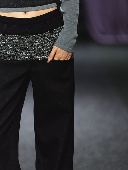 Contrast Waistband Tweed-Panel Straight Pants