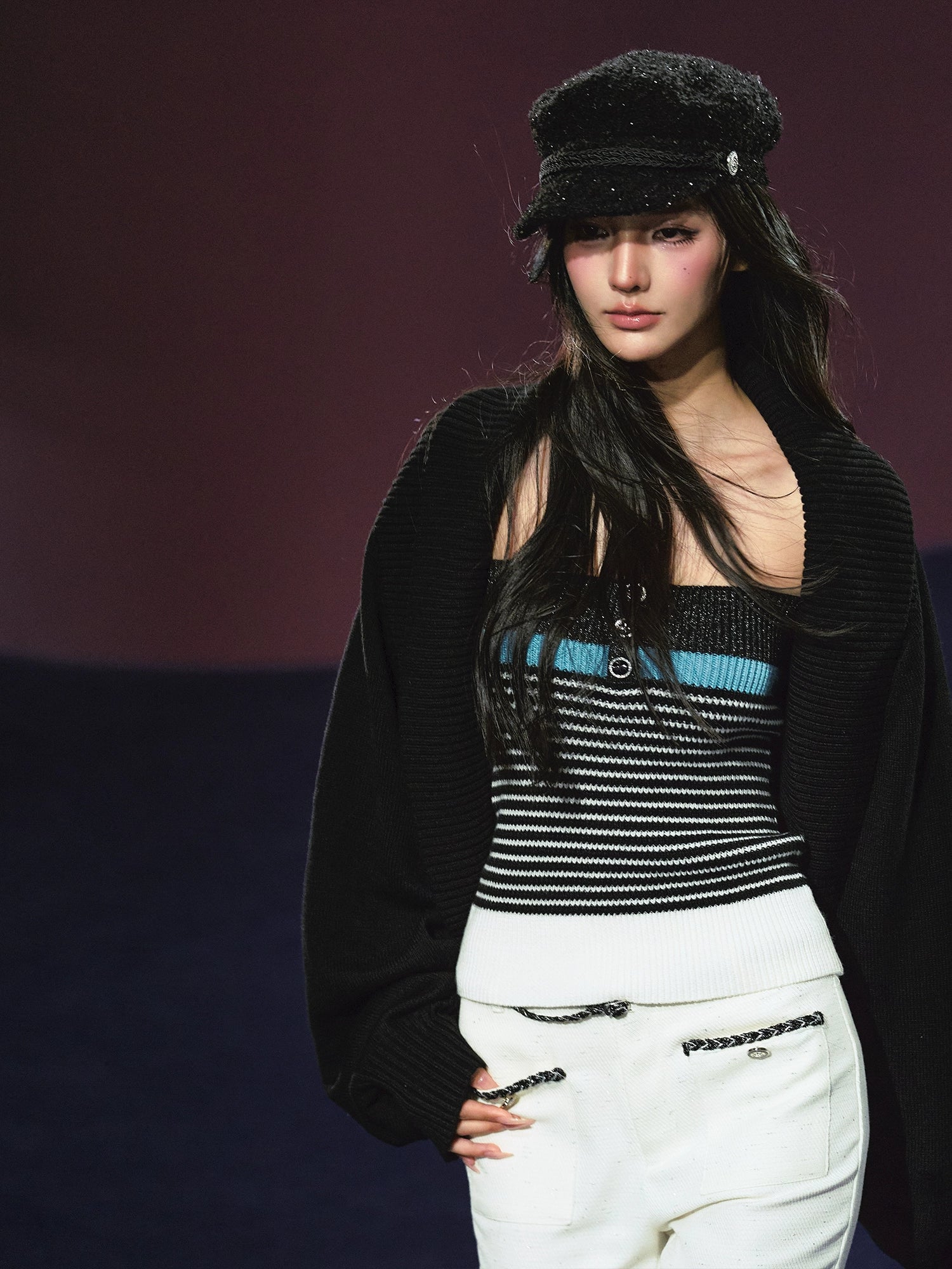 Colorblock Bustier Top &amp; Relaxed Wool-Blend Knit Cardigan Set