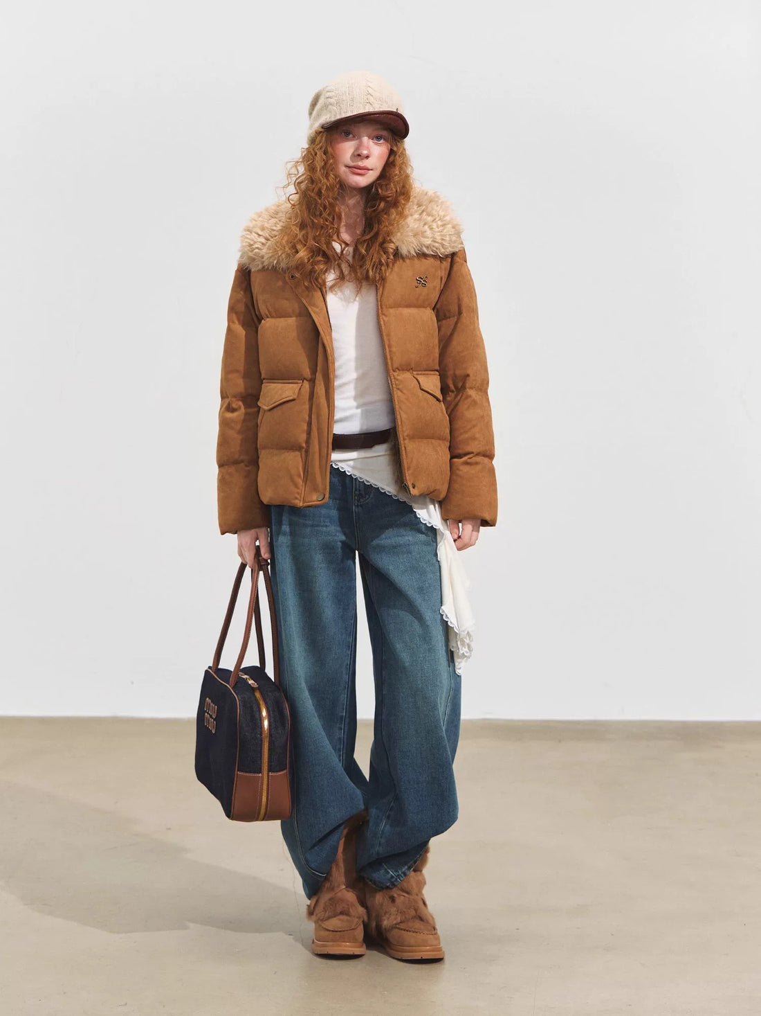Faux Suede Fur Collar Down Jacket
