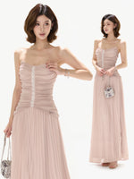 Pleated Mesh Maxi Dress