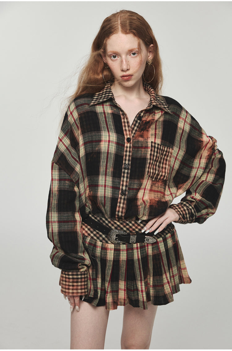 Tie-dye Plaid Shirt &amp; Mini Skirt Set