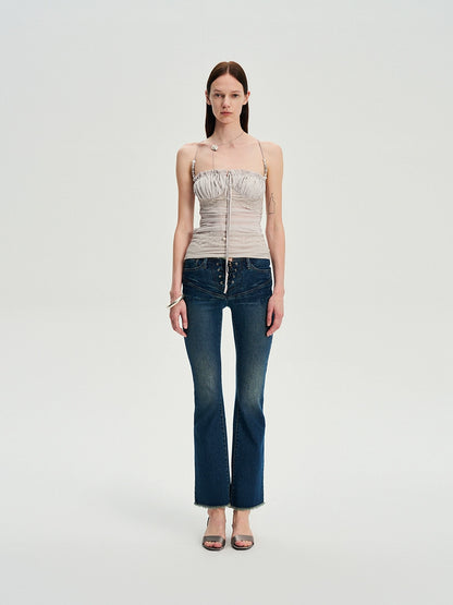 Beaded Strap Lace Splicing Acetate Cami Top