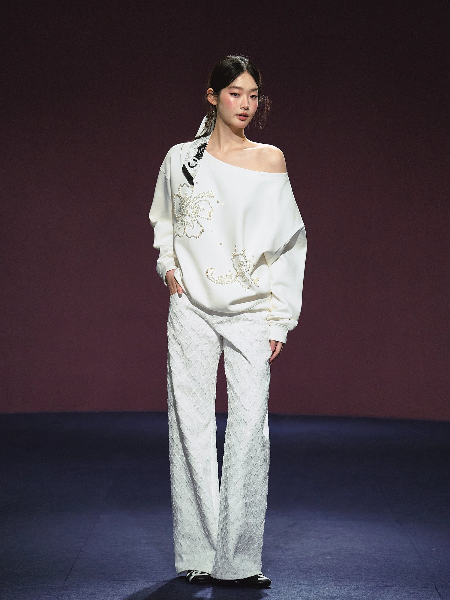 Beaded Off-shoulder Silhouette Sweatshirt