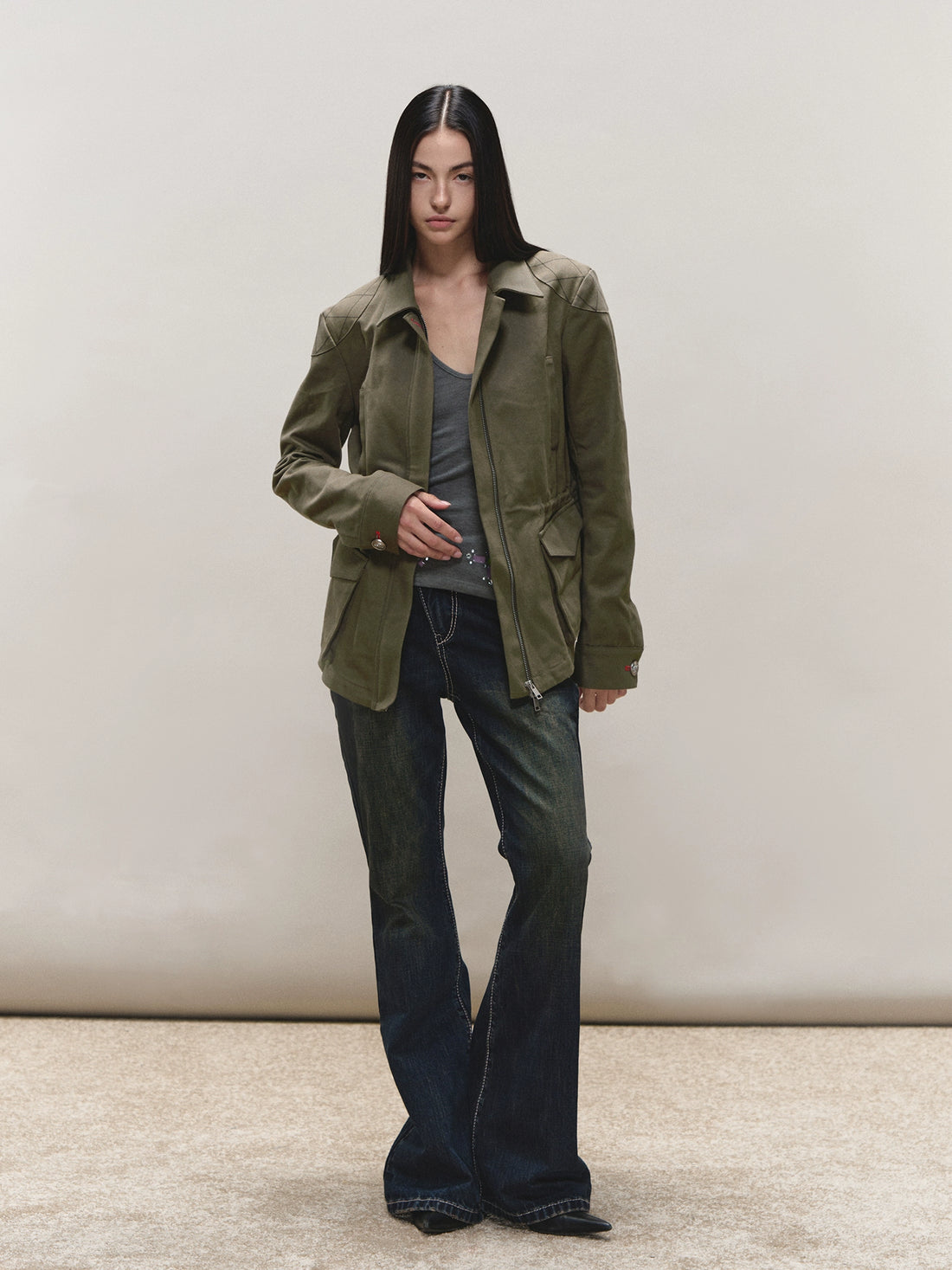 Mud-Blue Contrast-Stitch Flare Jeans