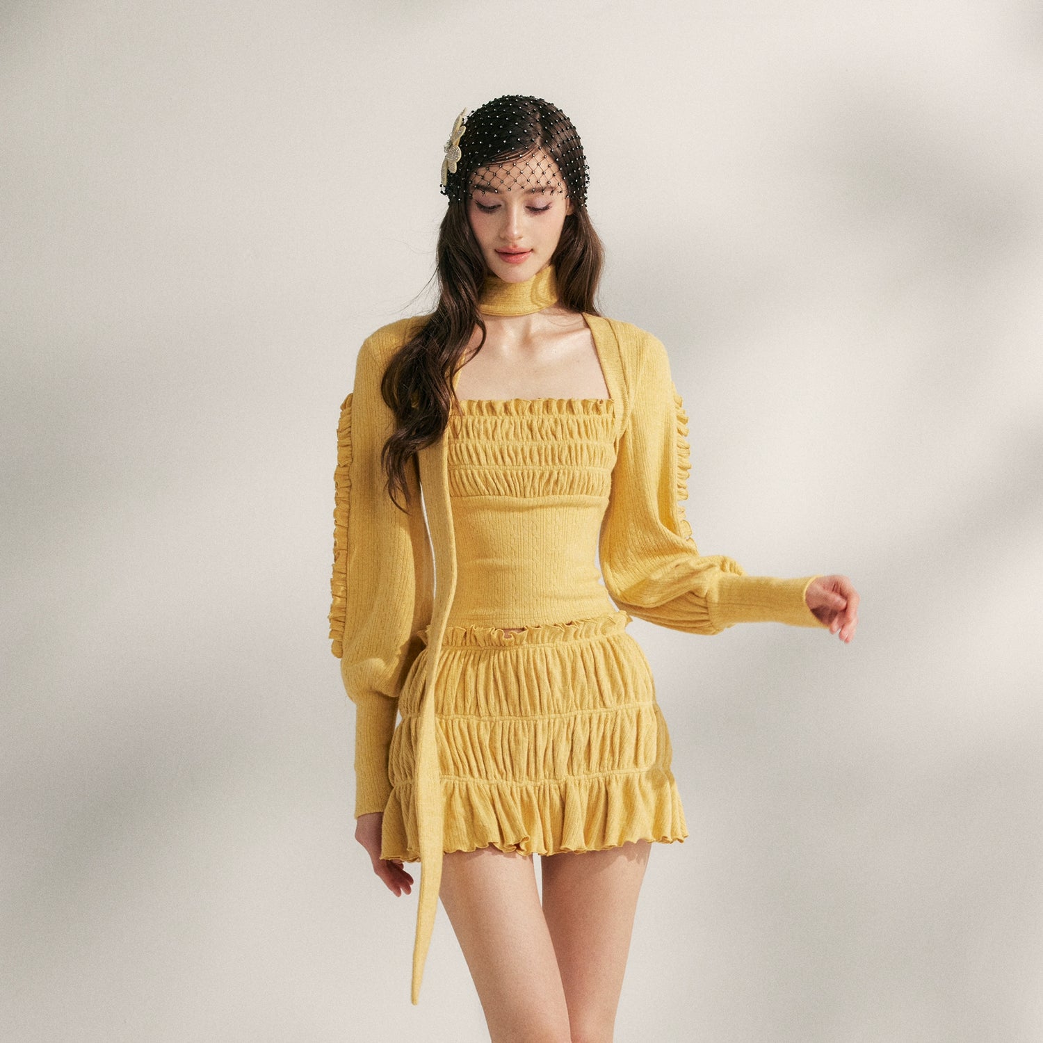 Pleated Ruffle Knit Top &amp; Skirt Set
