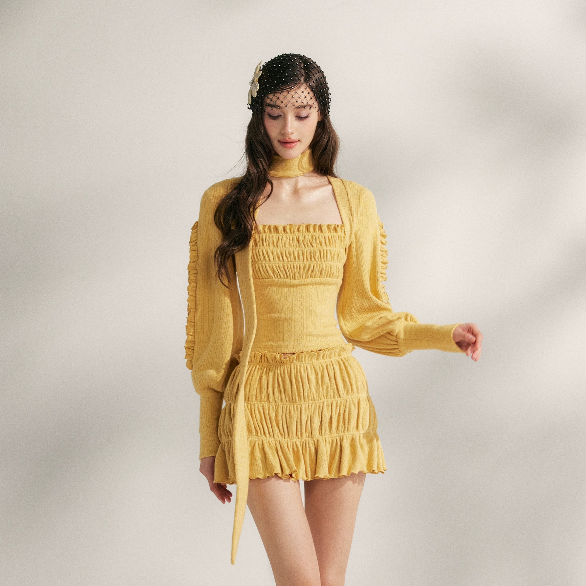 Pleated Ruffle Knit Top &amp; Skirt Set