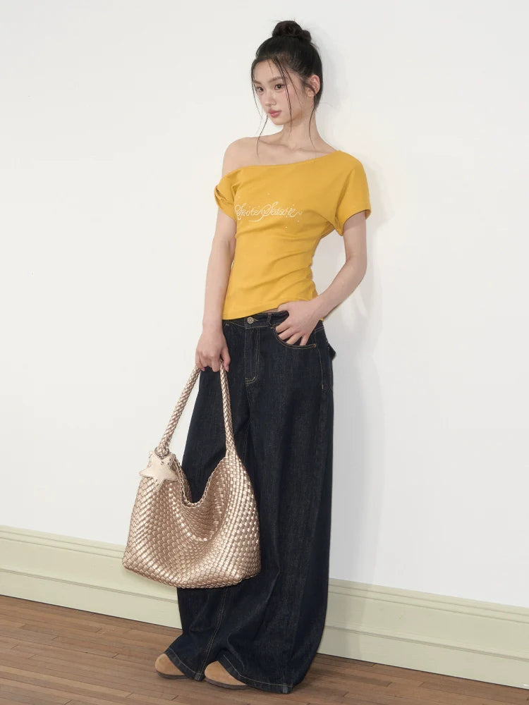 Pearl Waist - Cinching Off-Shoulder T-shirt