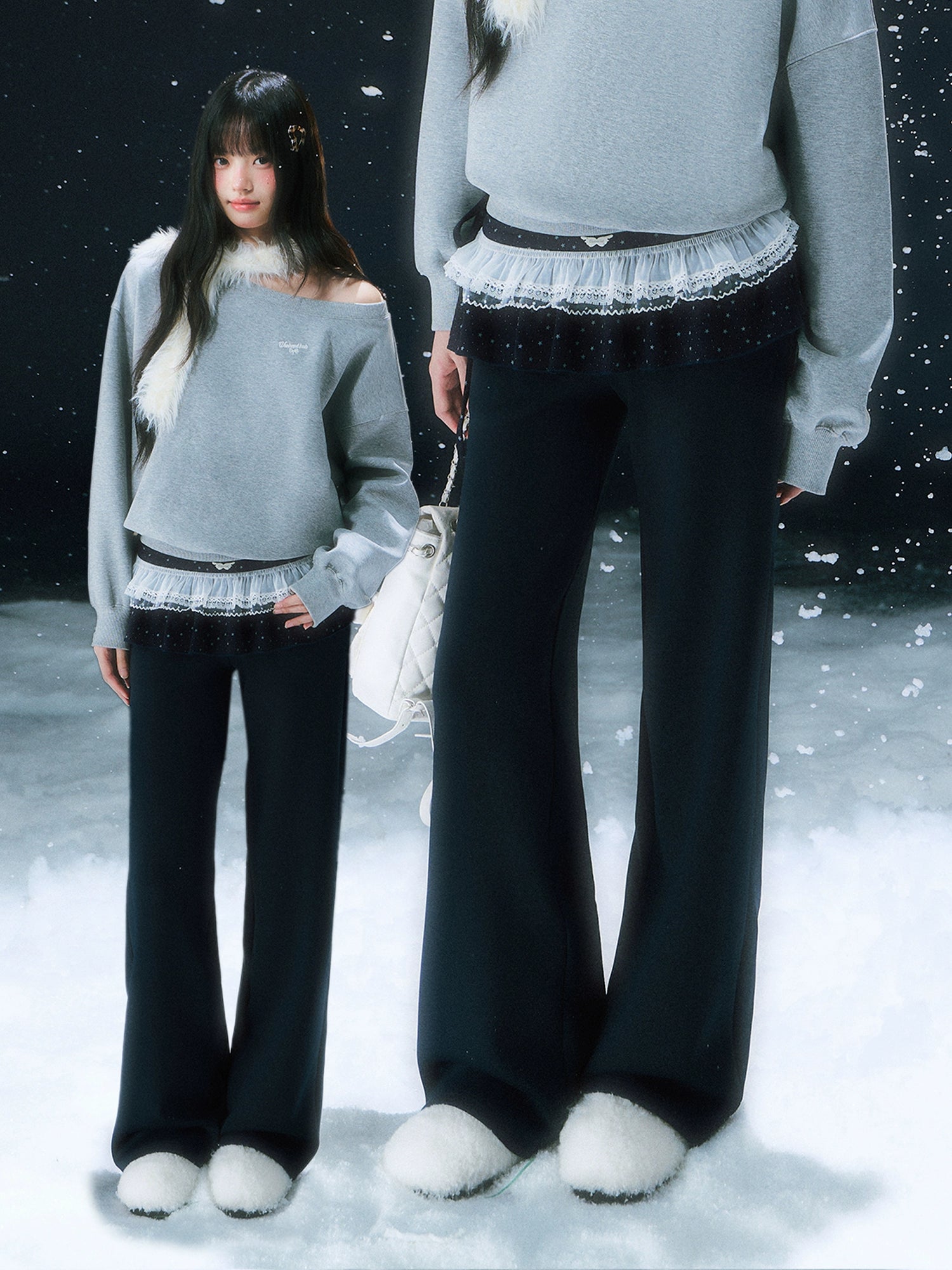 Navy Blue Star Lace Pleated Straight-leg Pant Set