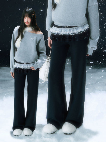 Navy Blue Star Lace Pleated Straight-leg Pant Set