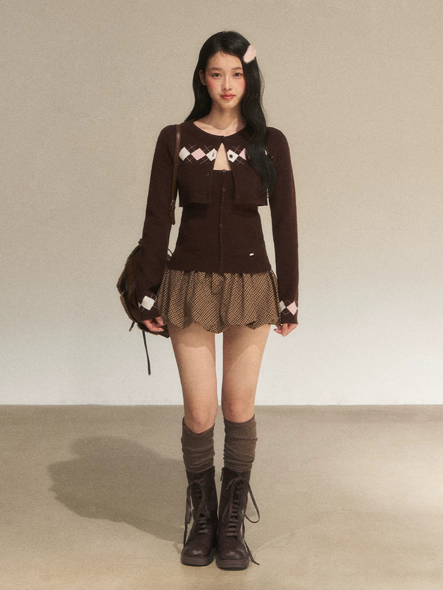 Brown Argyle Knit Cardigan Set