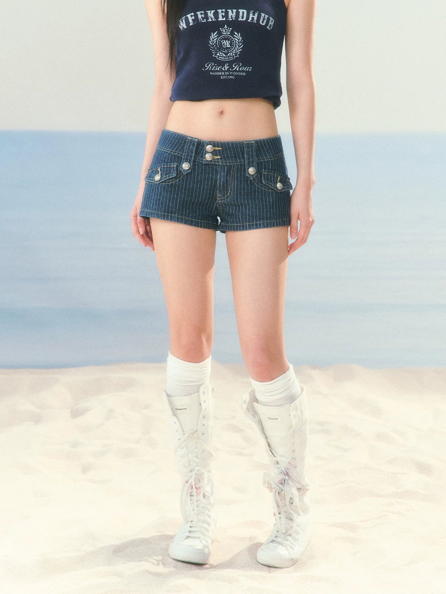 Striped Low-Waist Denim Shorts