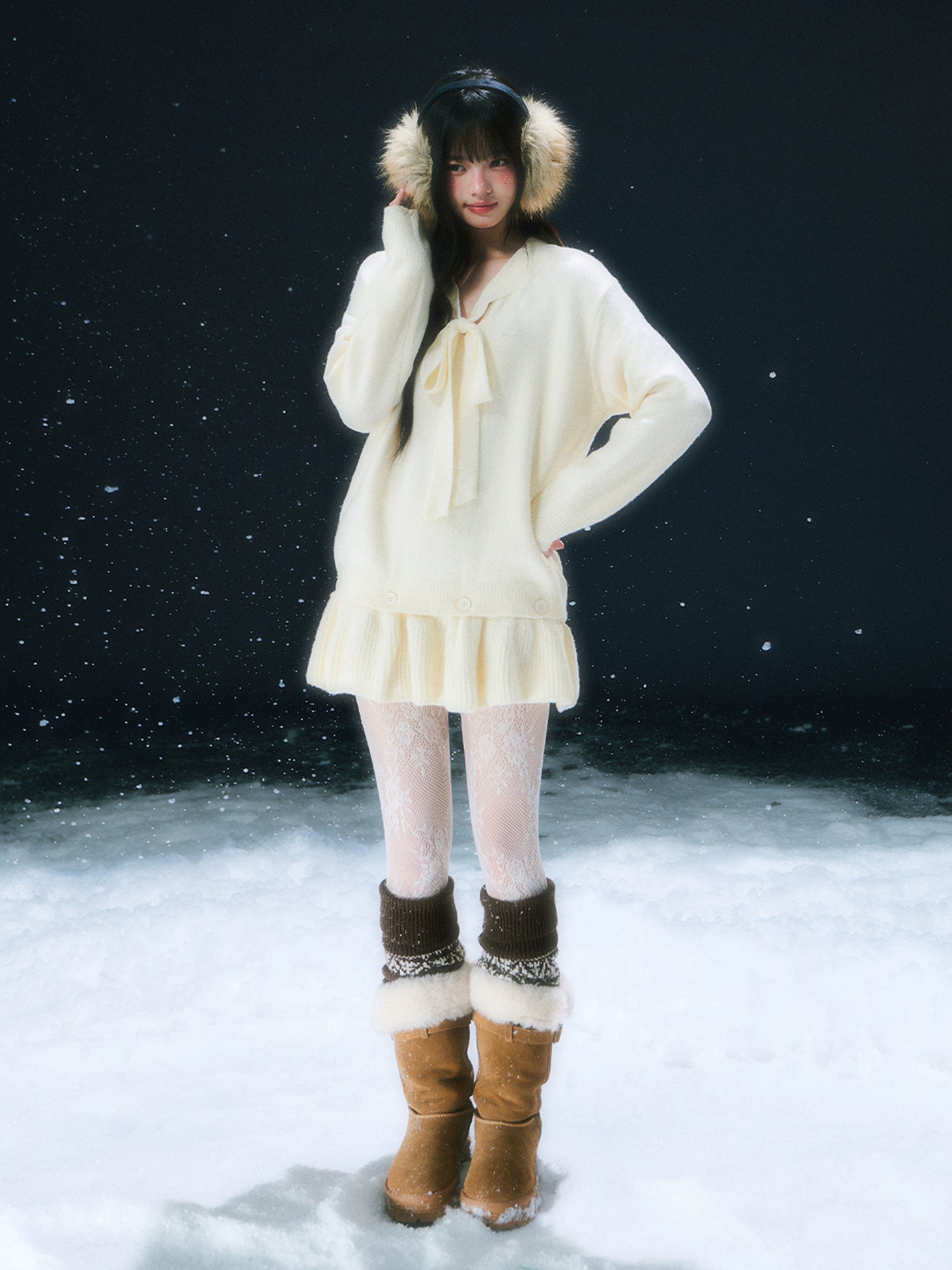 Beige Tie-Front Knit Dress