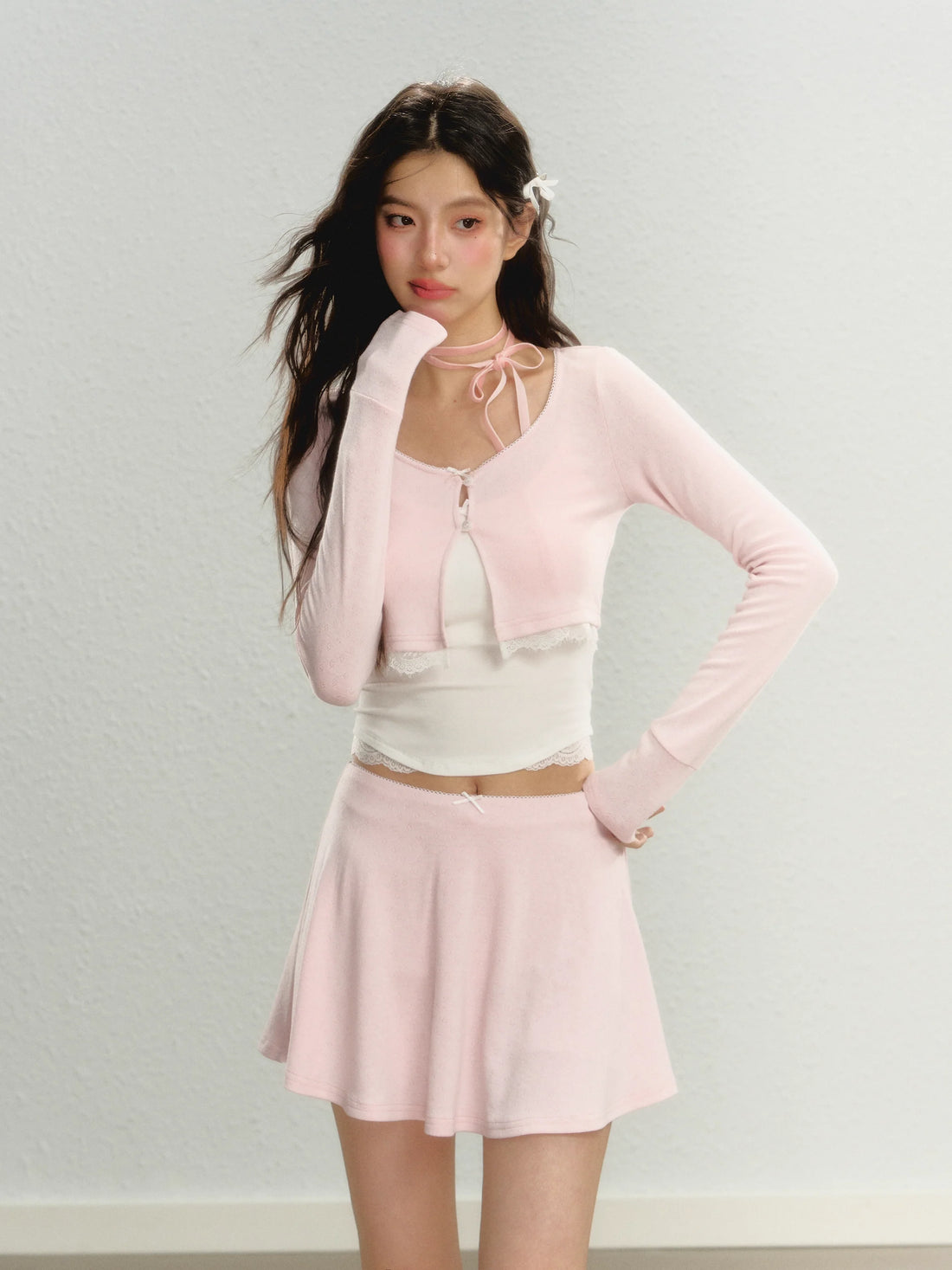 Pink Square Neck Short Sleeve T-shirt & Cardigan Set