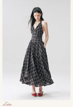 Vintage Plaid Halter Backless Midi Dress