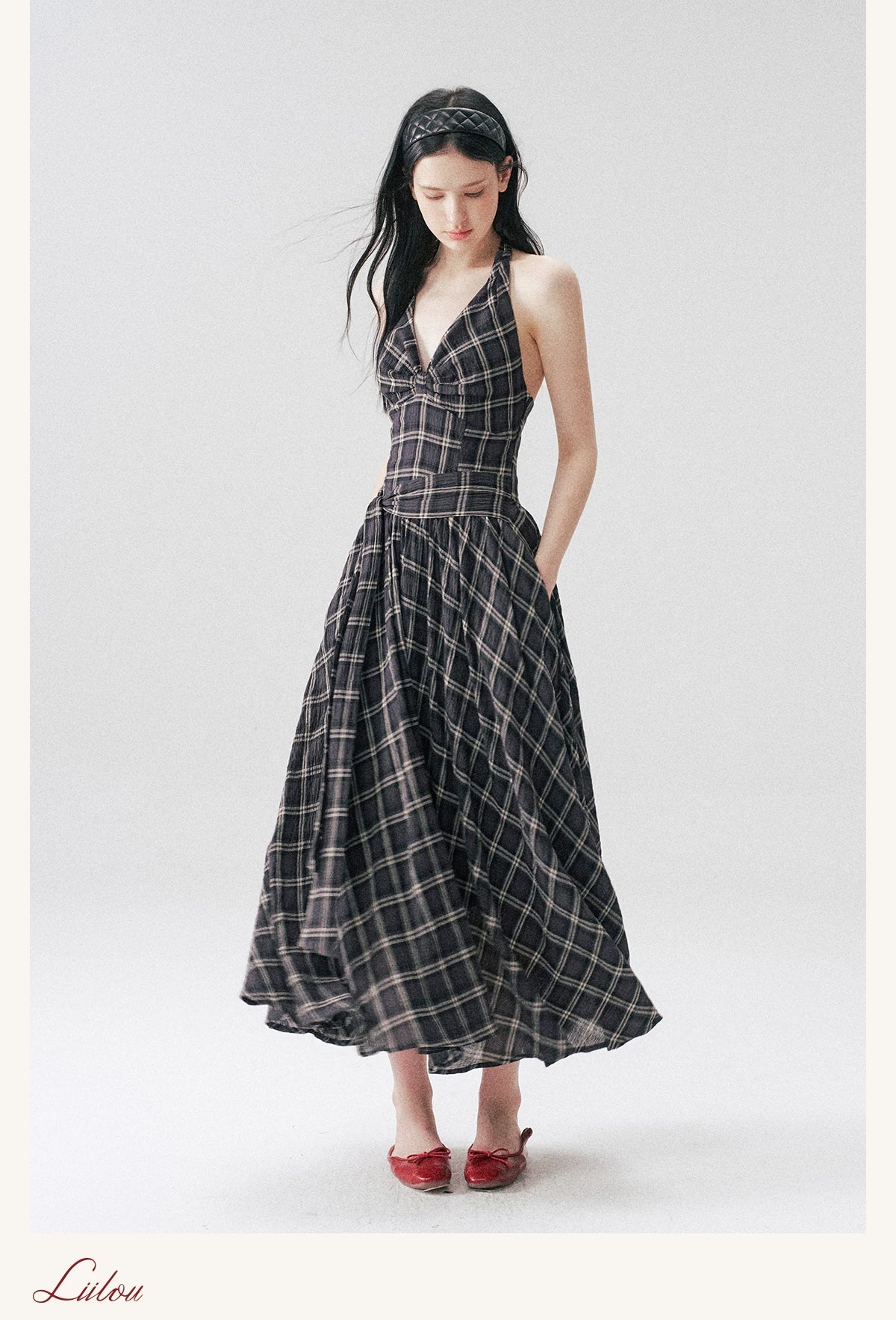 Vintage Plaid Halter Backless Midi Dress