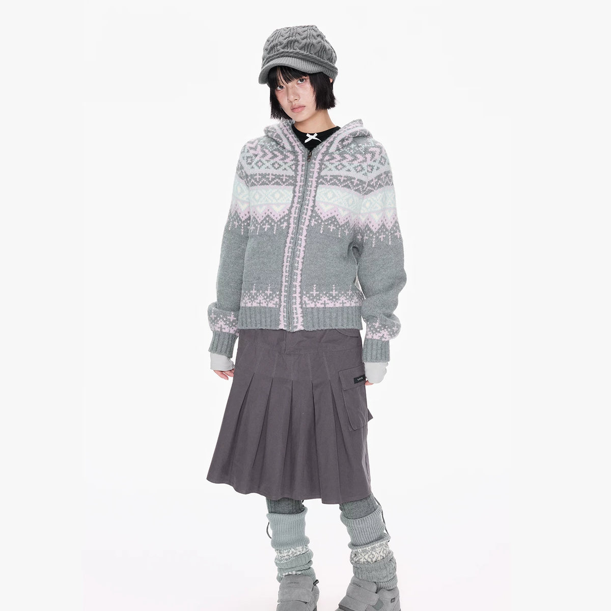 Gray Hooded Zip Knit Cardigan