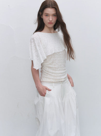 White Jacquard Cape Sleeve Top