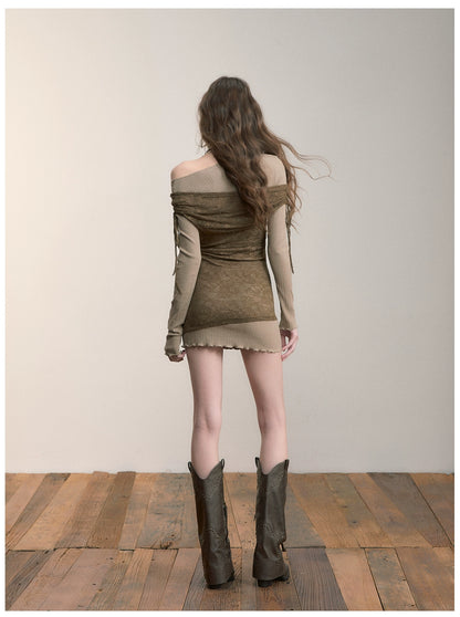 Khaki Colorblock Lace Mini Dress