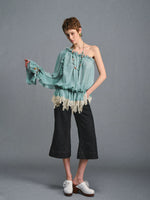 Turquoise One-Shoulder Chiffon Blouse