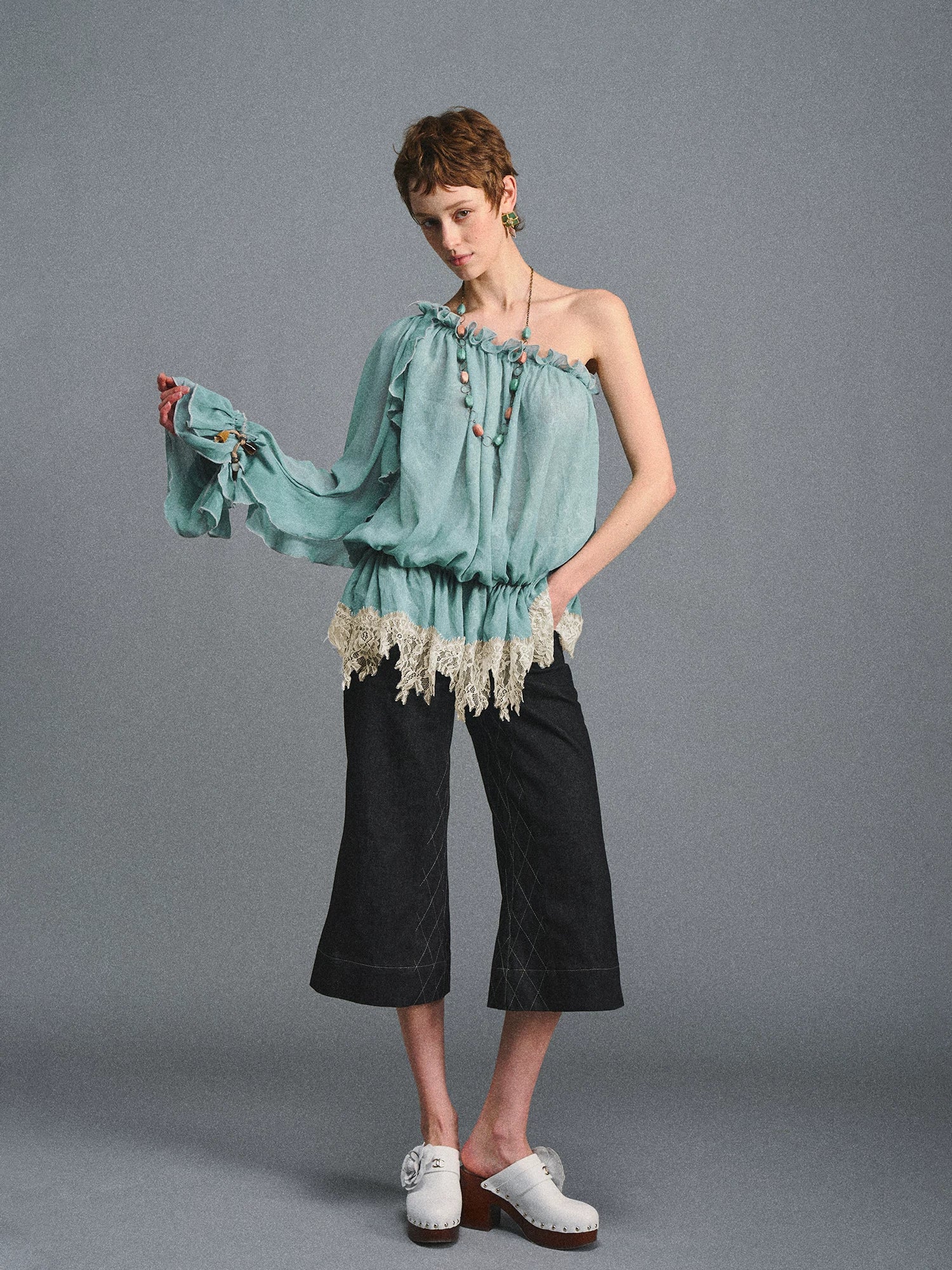 Turquoise One-Shoulder Chiffon Blouse