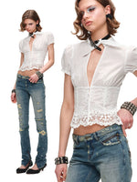 French V-Neck Ruffle Shirt
