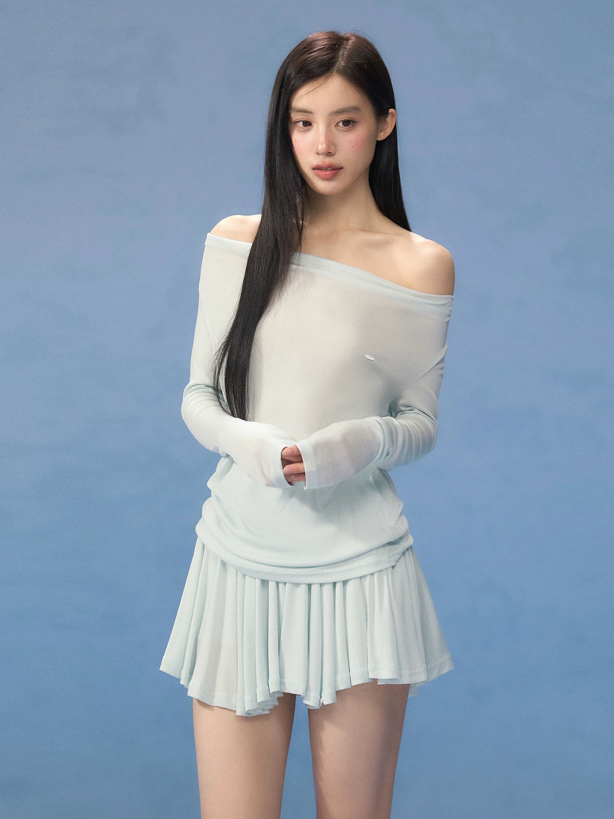 Blue One-Shoulder Blouse &amp; Skirt Set