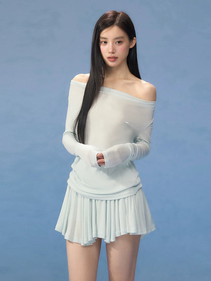 Blue One-Shoulder Blouse &amp; Skirt Set